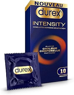 Durex Intensity – 10 Préservatifs Homme Sans Latex Dernière Génération Ultra Fins Ultra Lubrifiés – Plus de Chaleur Corporelle Partagée – Taille Standard