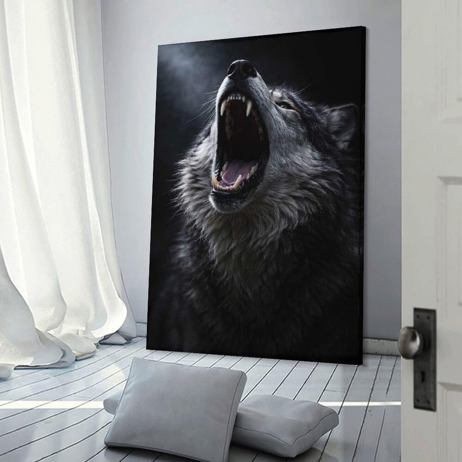 Junmoney Wall Picture Print Wolf Howling with Mouth Open, 20x30inch(50x75cm), for Entryway, Lounge Links Or Small Walls, Home Artwork for First Impressions