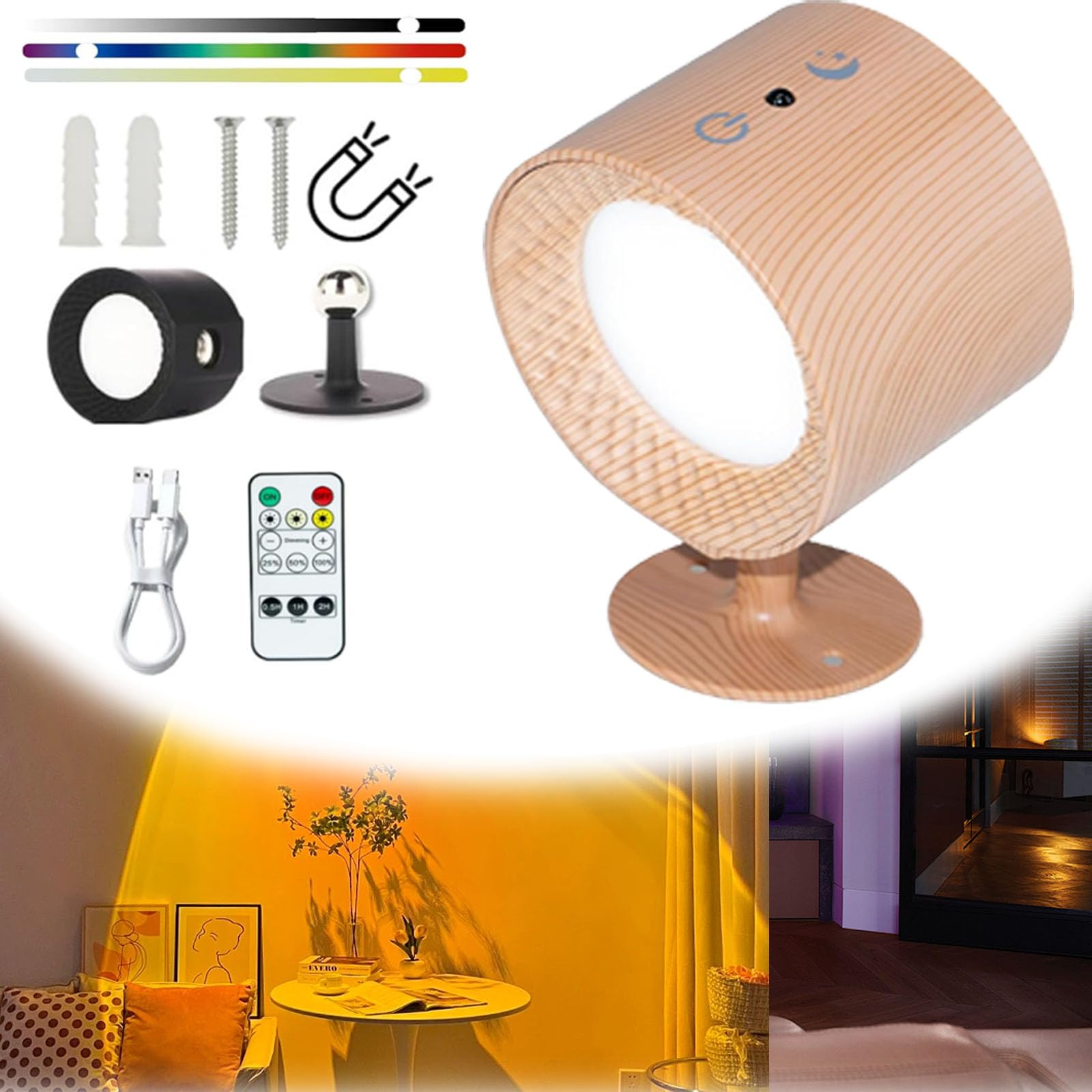 Glowright Smart Halo Lux Wall Lights - 360° Rotation Lamp, Magnetic Mounting (Wood)