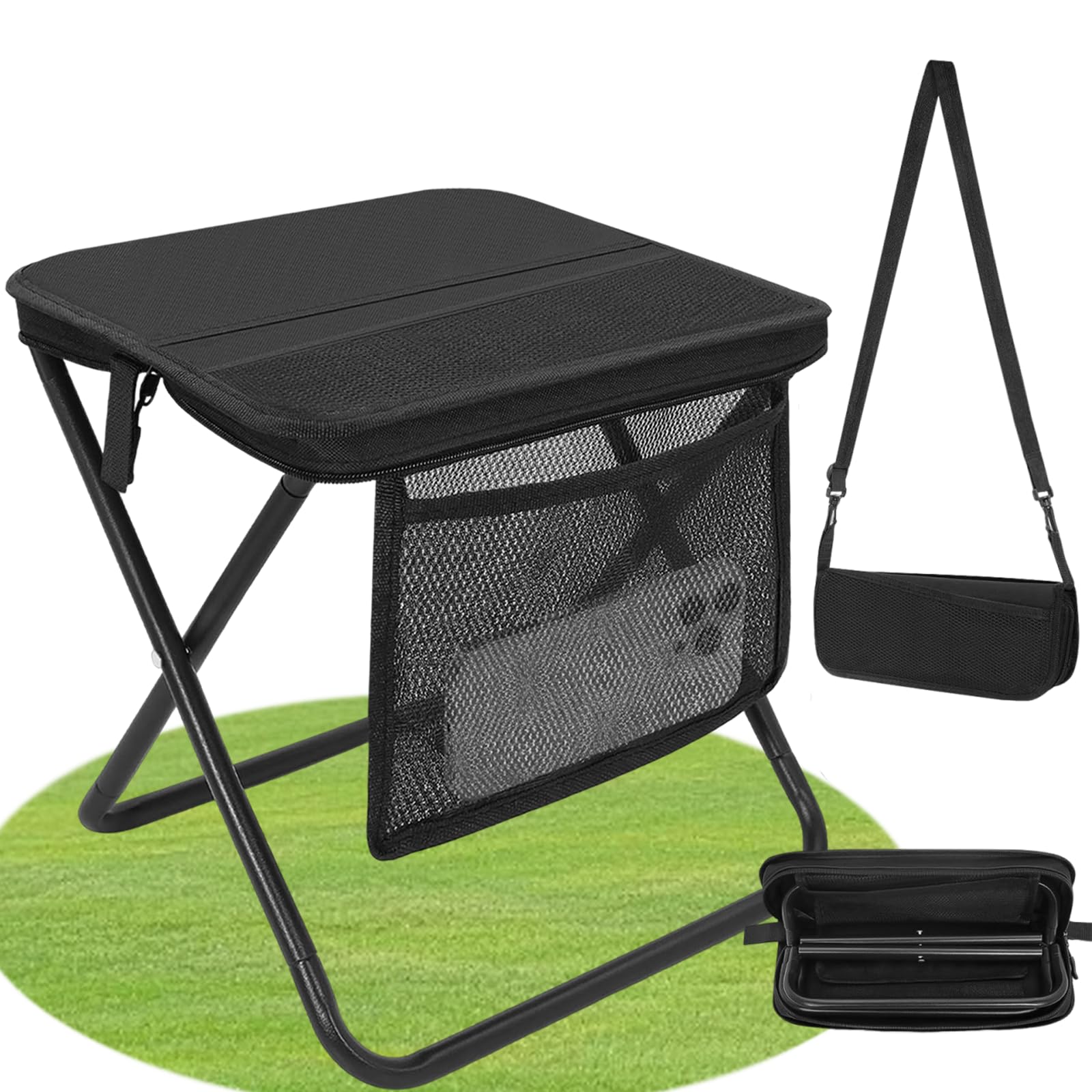HUIZHOU Sgabello Pieghevole Portatile da Campeggio, Sedia Esterna Compatta e Leggera con Borsa e Cerniera, Robusta e Stabile, Ideale per Pesca, Escursionismo, Viaggi e Attività Outdoor (Nero)