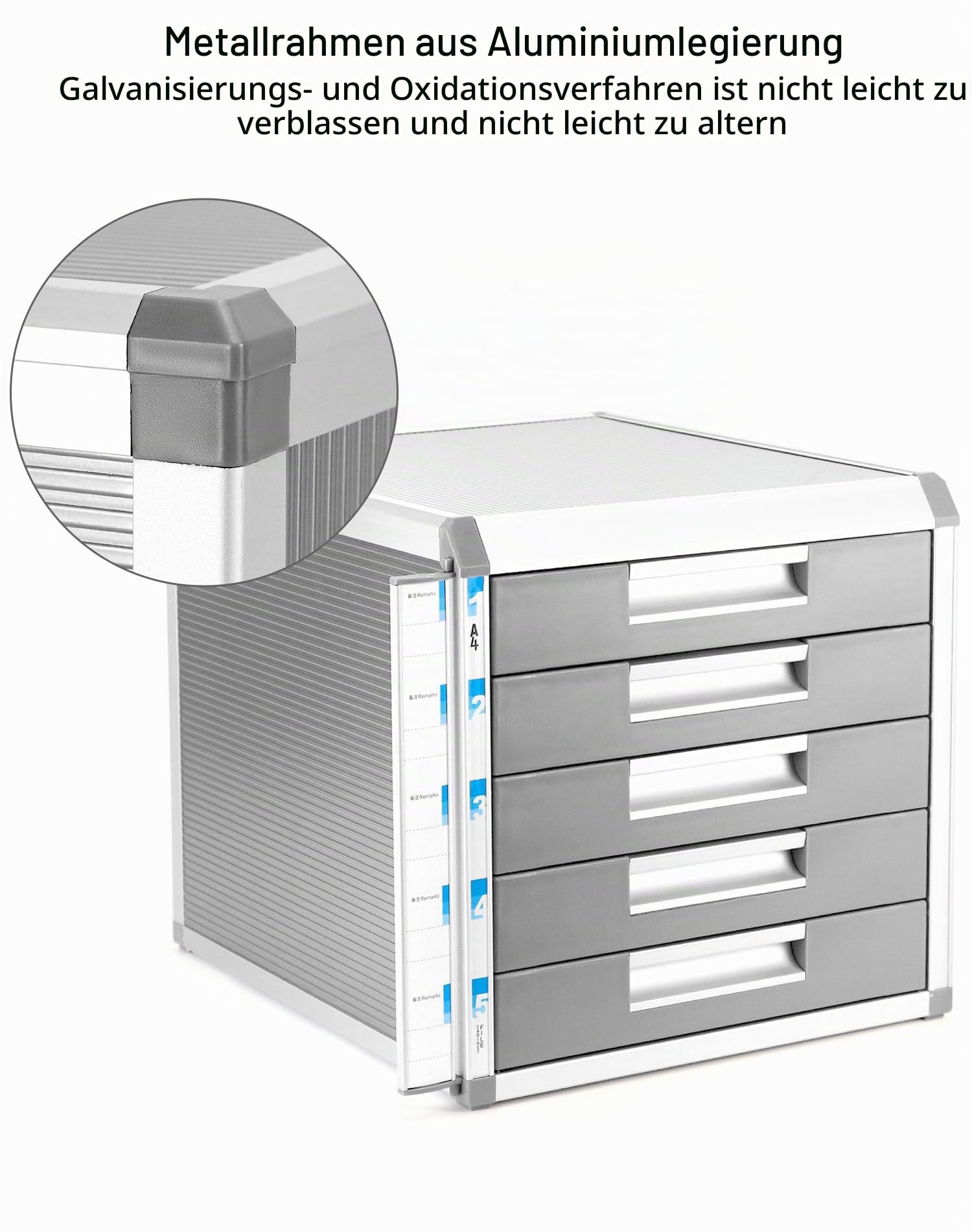 QWORK® Schubladenbox A4, 5 Fächer, Mit Schloss, Aluminiumlegierung, Silber