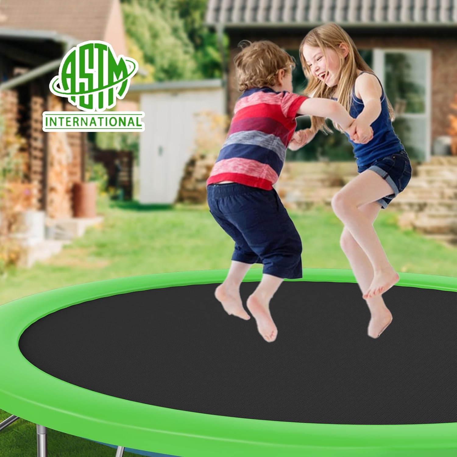 Two children jumping on the trampoline with an ASTM International logo overlay, indicating safety approval.