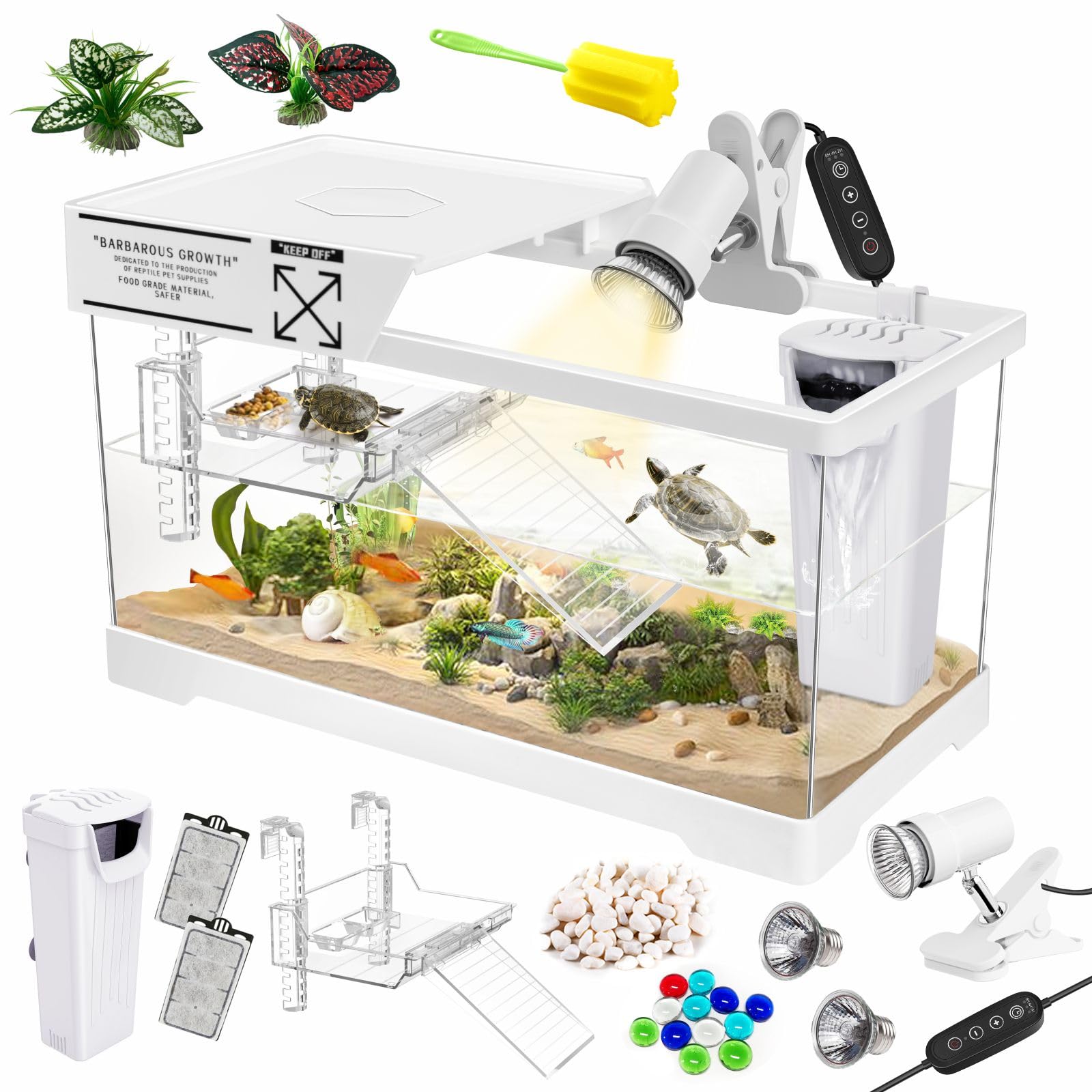 gozilla aquatic turtle tank kit+lamp+filter, upgrade pc turtle tank starter kit with adjustable lamp & filter,reptile habitat with lid,hanging platform for small reptiles.(15.75×7.9×9''/white kit)