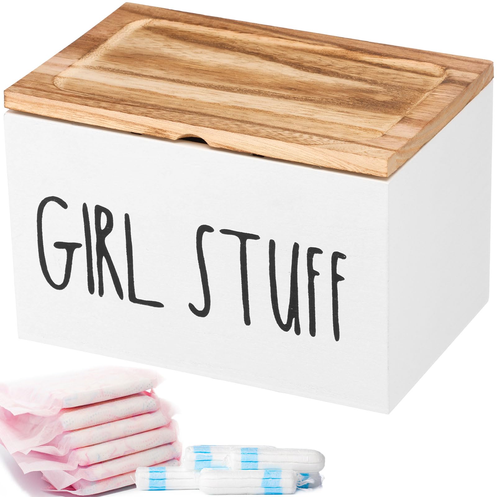 Loujingreo Women's White Tampon Holder For Bathroom,Tampon Sanitary Pad Box Feminine Product Organizer,Wood Bathroom Bin With Lid And Compartments Solid Period Box Cotton Swab Holder (White)