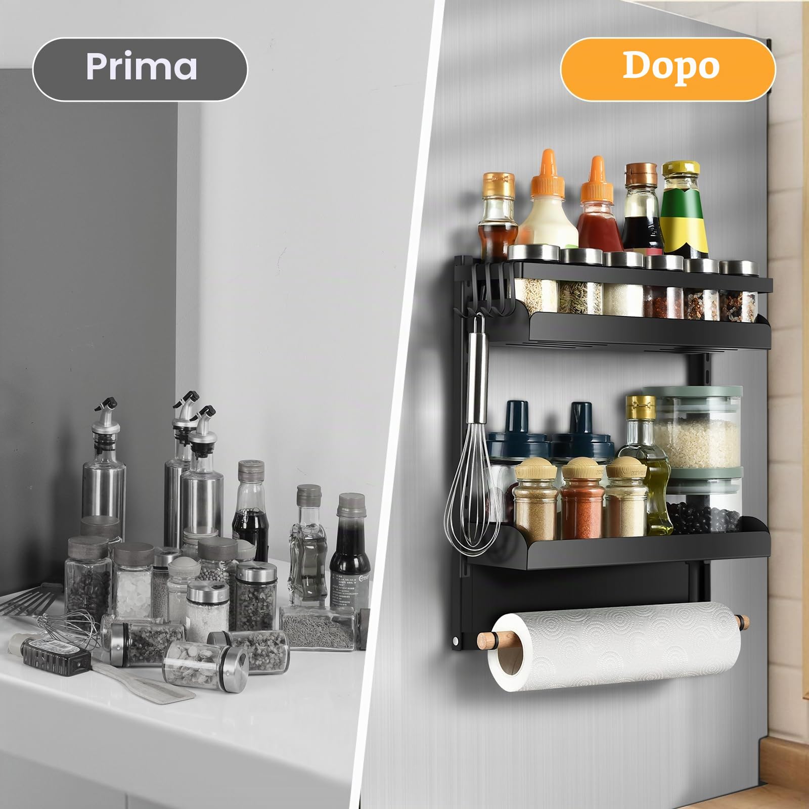 OTraki Scaffale Portaspezie Magnetico per Frigorifero, 2 Ripiani Organizer Cucina Senza Foratura Carico Massimo 8 Kg, Portaspezie Da Parete in Acciaio Inox con Porta Rotolo da Cucina e 4 Gancio