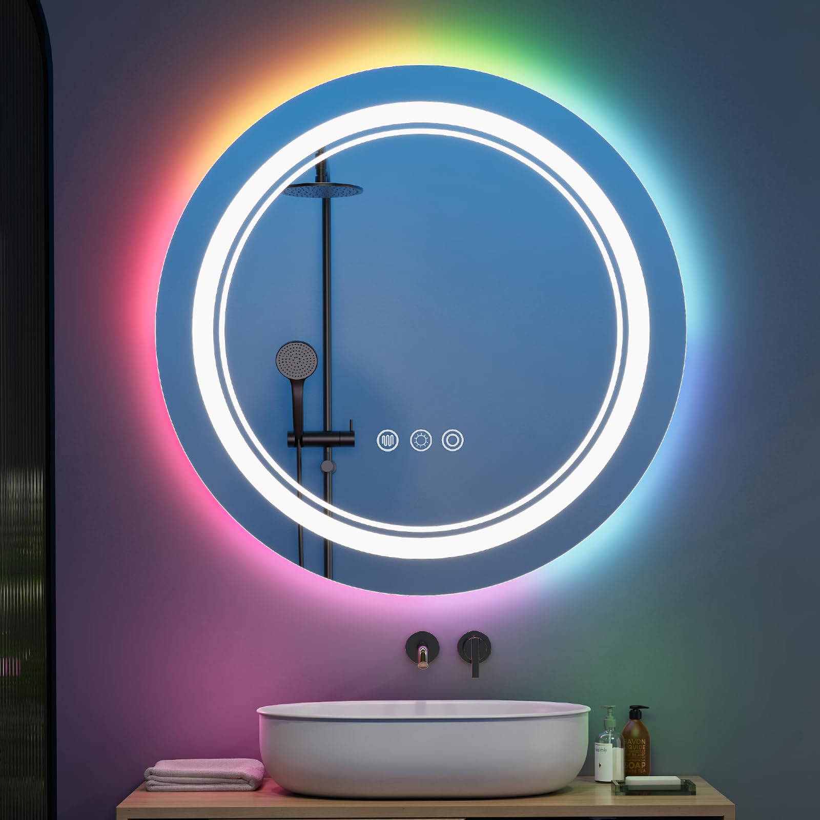 Warmiehomy RGB Bathroom Mirror with Lights,Round 500mm Illuminated LED Bathroom Mirror 3 Colour Dimmable Lights Demister Pad Touch Switch,Aluminium Frame — image 1