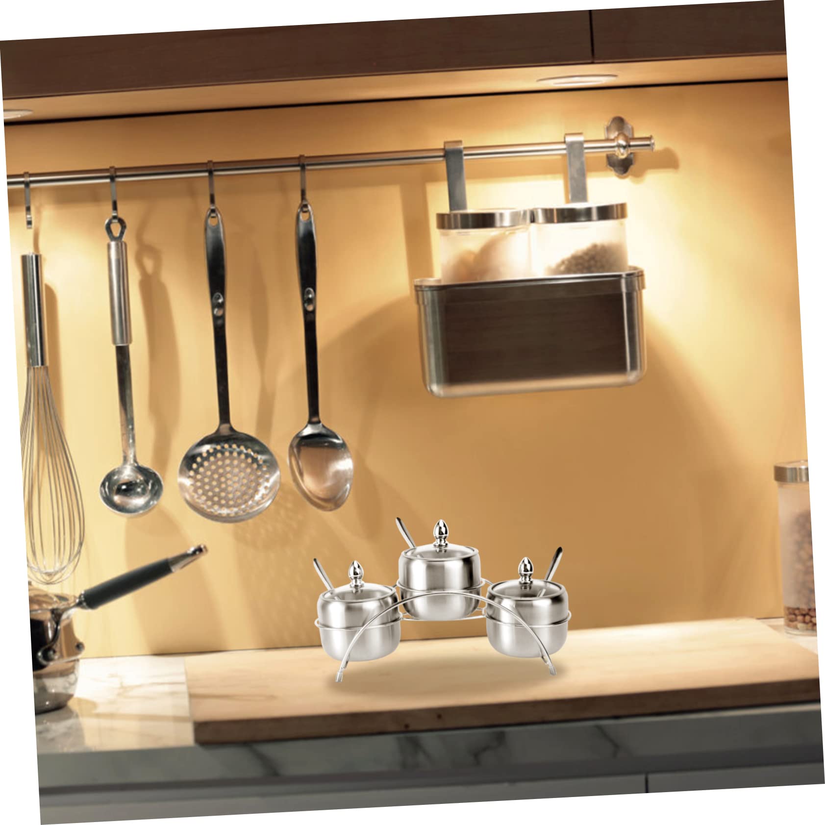 Cabilock Support à Épices en Acier Inoxydable Argenté 1 Set 4 Compartiments Pratique Cuisine et Rangement des Condiments Style Européen