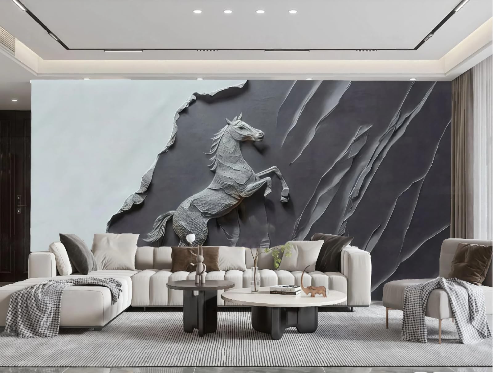 Tapeta sztuka minimalistyczna nowoczesna rock koń tłoczony czarny i szary rzeźba tekstura TV sofa tło tapeta ścienna salon restauracja kawiarnia, 3D, 430 x 300 cm