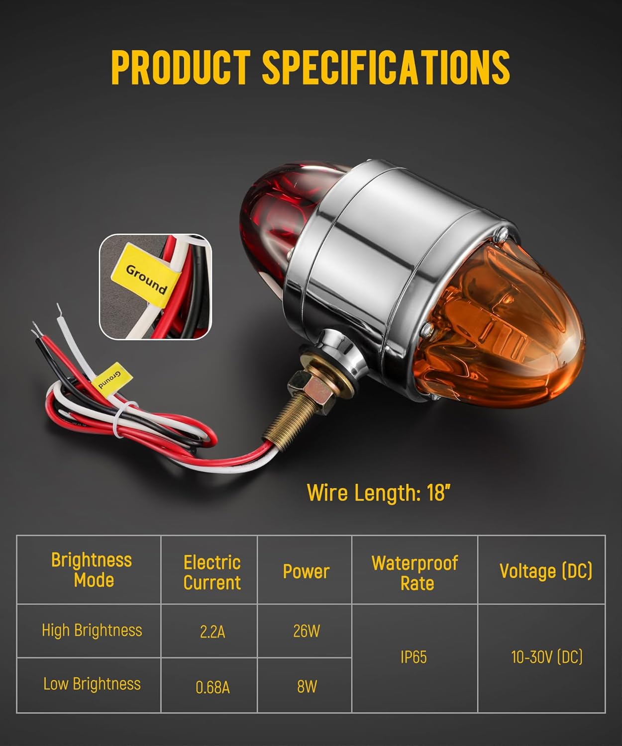 Partsam 1x Glass Watermelon Light Dual Revolution Double-Face Amber Red LED Turn Signal Marker Light, Zinc Alloy Housing Amber Red Lens Post Mount for Peterbilt Freightliner Semi Truck Trailer, 10-30V