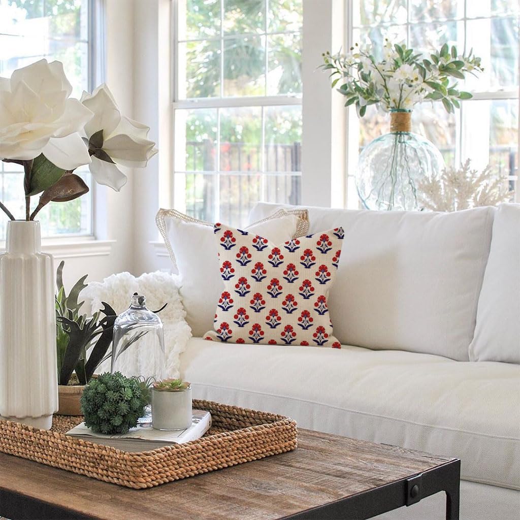 PANDICORN Block Print Throw Pillow Covers 18x18 Inch Set of 2 Red and Blue Vintage Boho Floral Outdoor Decorations Decorative Throw Pillows Cases Cushion Covers for Home Living Room Couch Decor - Image 7