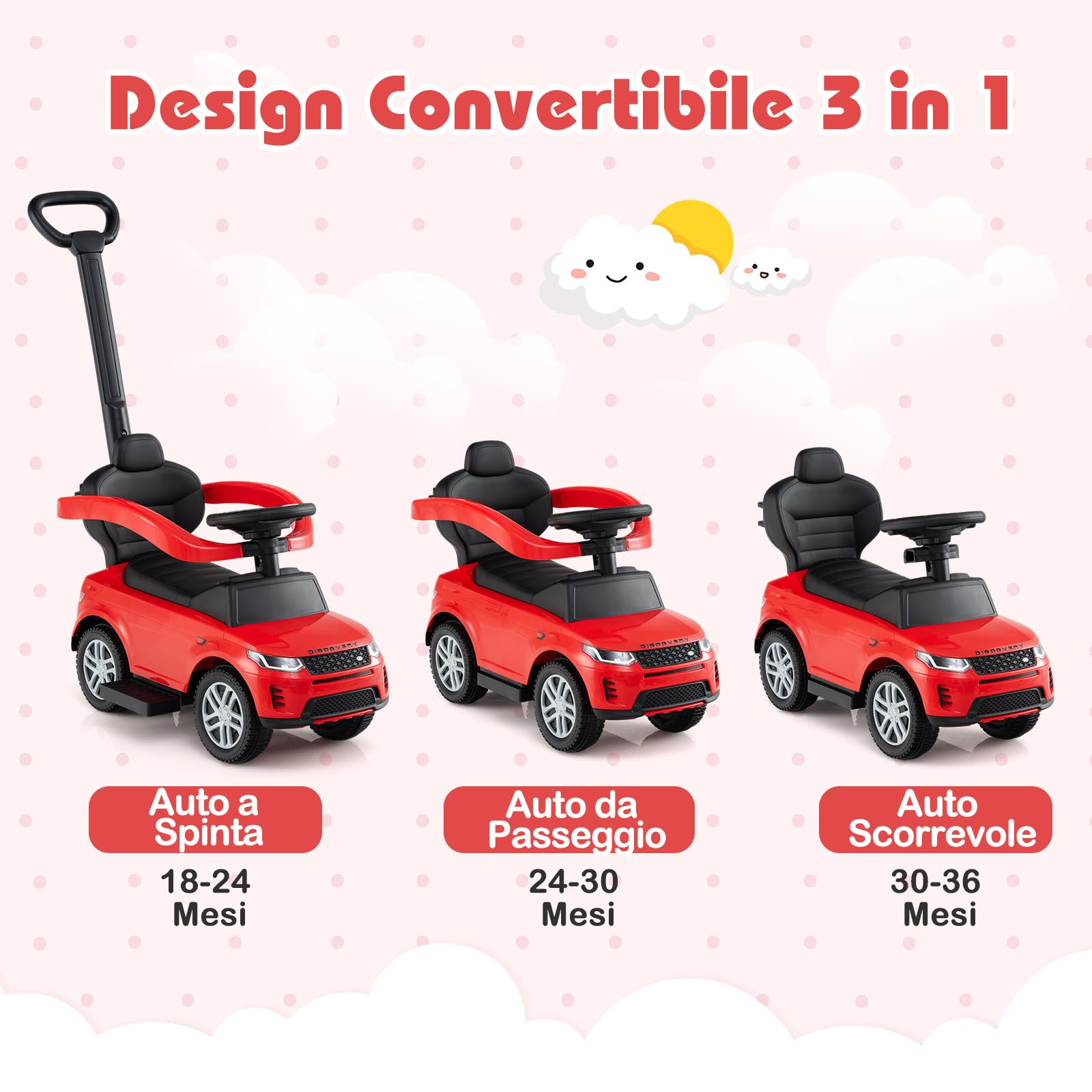 COSTWAY 3 in 1 Auto a Spinta, Macchinina a Pedale con Manico Removibile e Paracolpi, Clacson e Suodo di Avvio, Macchina Cavalcabile per Bambini 18-36 Mesi (Rosso)