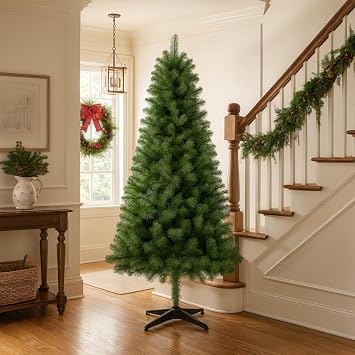 EOGOW 6FT Hinged Unlit Artificial Christmas Tree with 582 Tips, Full PVC Branches, Green Holiday Tree with 4-Leg Plastic Stand for Indoor Christmas Decoration