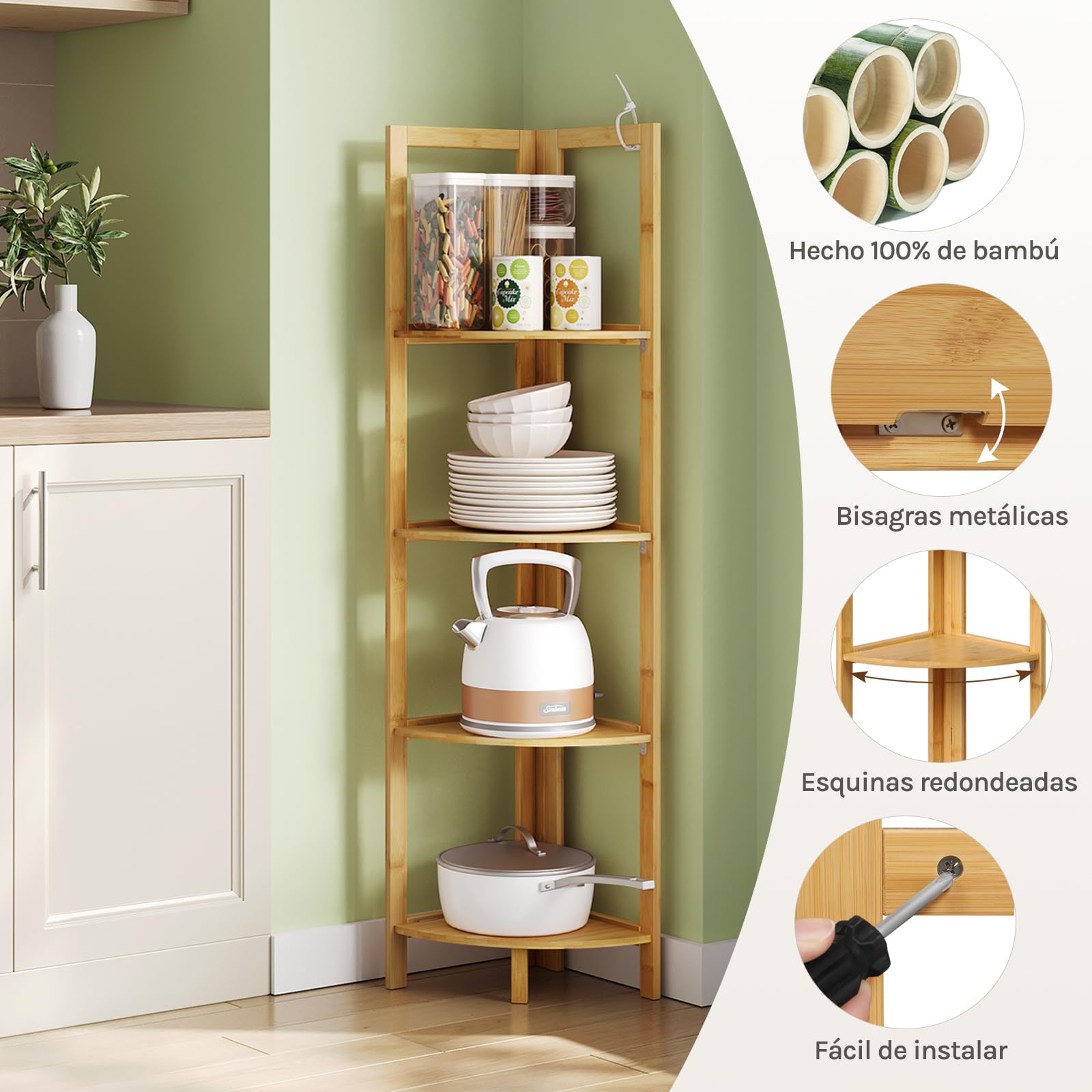 WOLTU Estantería Bambu de Baño de 4 Niveles, Estanteria Esquina Plegable de Almacenaje y Decoración Antihumedad y Transpirable, para Baño/Cocina/Salón, 27x27x120 cm