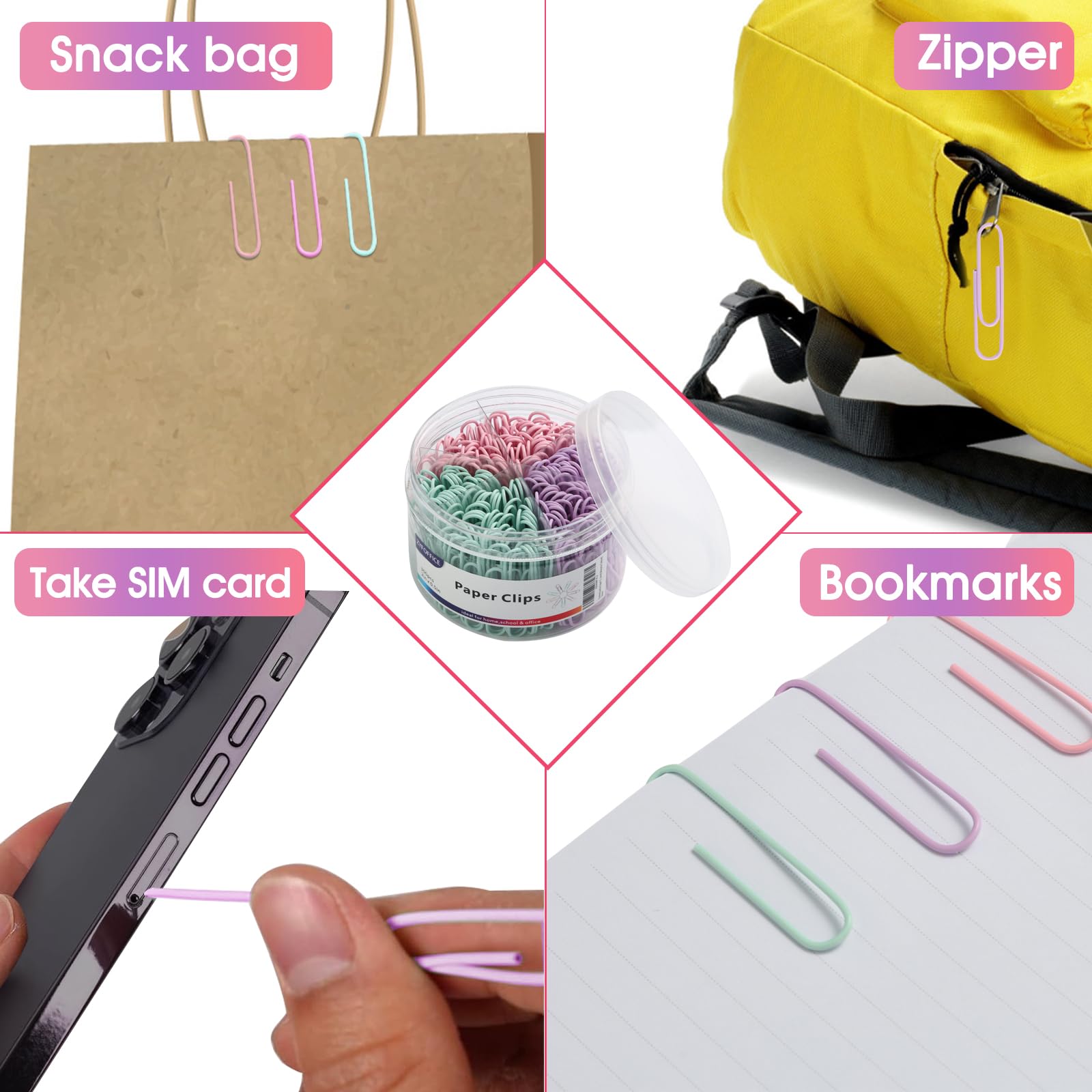 Clips De Papel Grandes Macaron - Pack De 300 Unidades, Colores Morado, Rosa Y Azul, Tamaño 50 Mm, Para Oficina O Manualidades