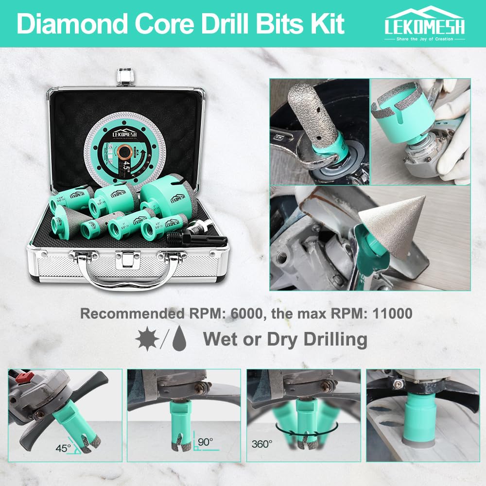 Tile Hole Saw Kit - (20/25/35/50/75mm+20mm Finger Bit+50mm Chamfer Bit+SDS/HEX Adapter) Tile Hole Saw Kit Diamond for Porcelain Ceramic Marble Brick Concrete,5/8"-11 Thread