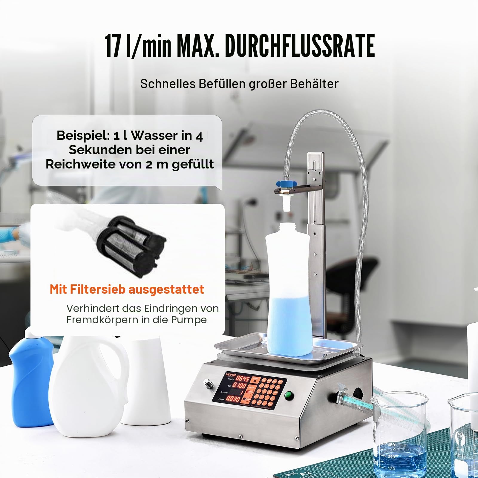 VEVOR Abfüllmaschine 17 L/min Flüssigkeitsabfüllmaschine 30–15.000 g pro Füllung Flaschenabfüllmaschine 26 x 26,3 x 13 cm Pastenfüllmaschine Automatik und Füllmaschine Wein Milch usw.