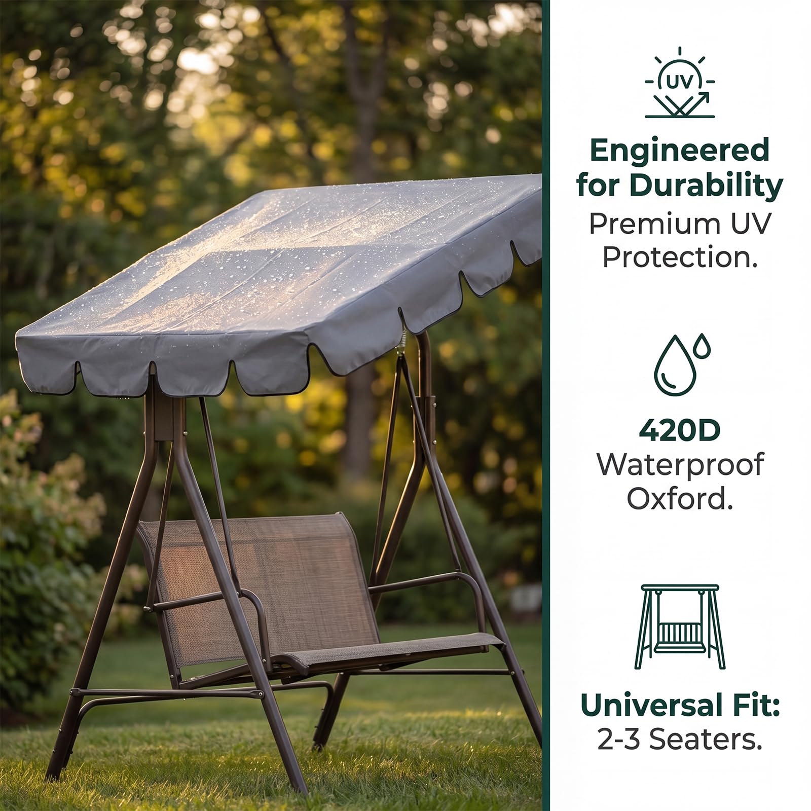 Toit de Rechange pour Balancelle de Jardin 210 x 145 x 18CM, Auvent Imperméable de Rechange, Bâche de Toit pour Balancelle de Jardin, pour Balancelle Hollywoodienne, Gris, Anti-UV