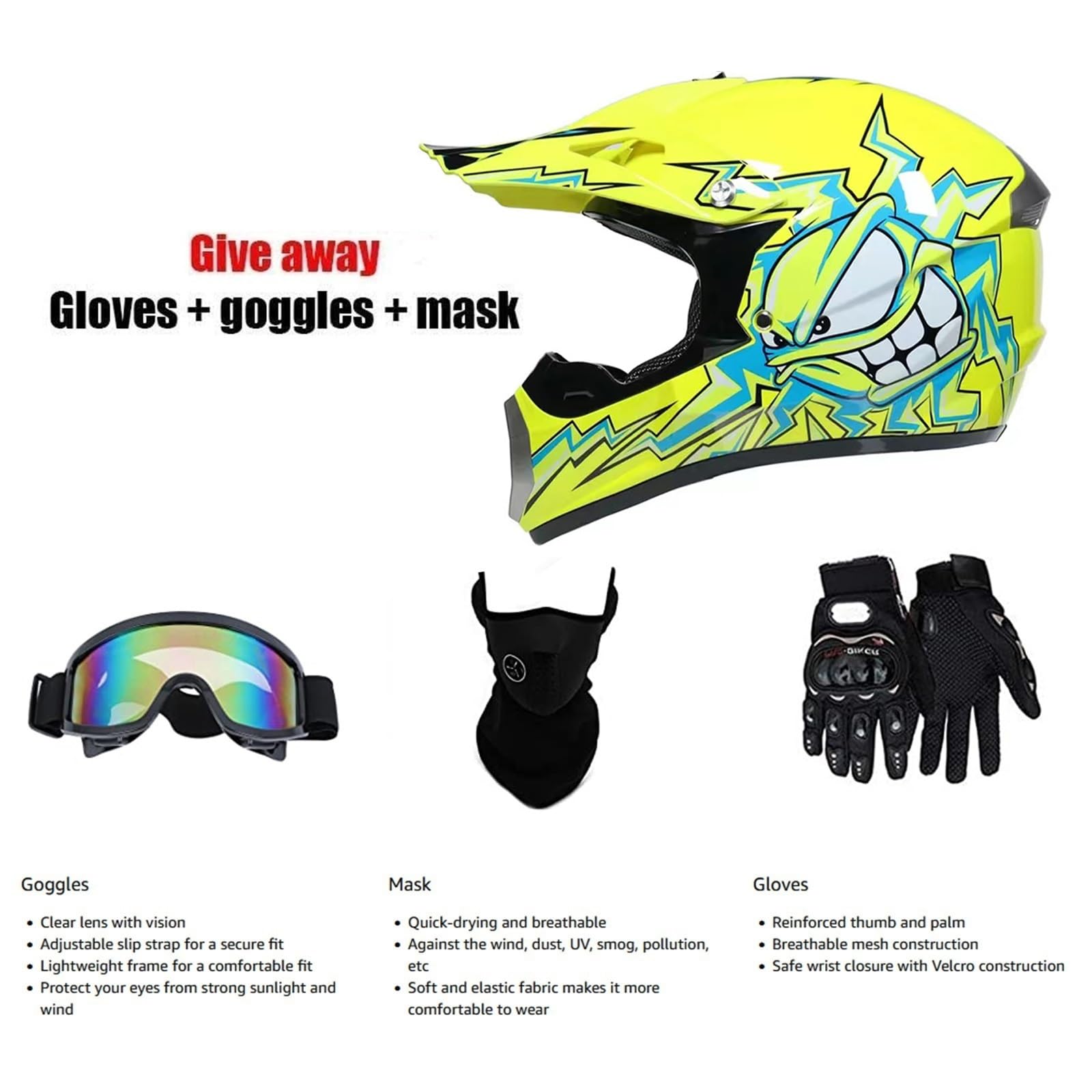 Motocross Fullface MTB Helm für Kinder und Herren - ABS-Schale, MX Enduro ATV Motorrad Downhill - Mit Handschuhe, Maske und Brille