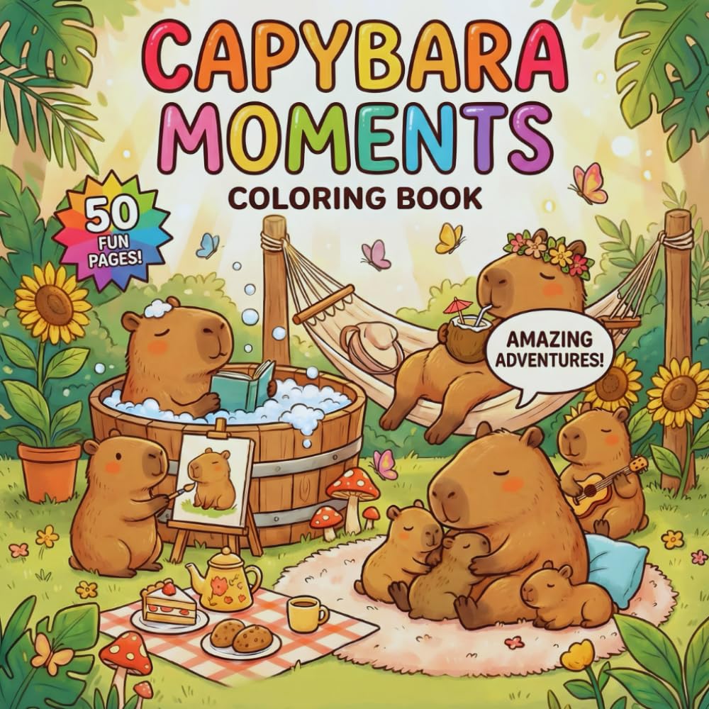 Cozy Capybara Moments Coloring Book: 50 Wholesome and Funny Scenes Featuring the World's Chillest aAnimal