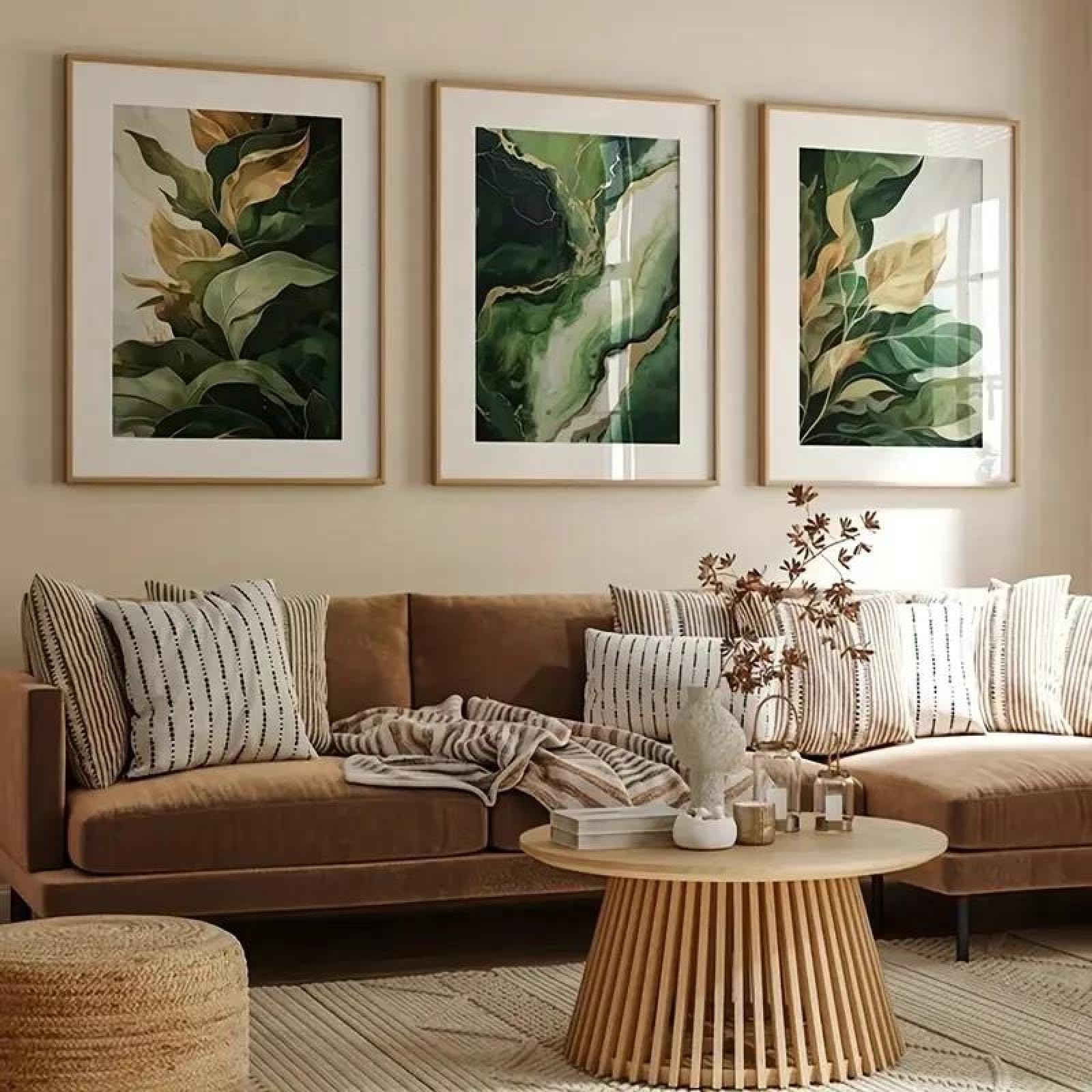 Baibexing Abstrakcyjne obrazy na płótnie z zielonymi liśćmi roślin – plakaty i obrazy ścienne do salonu i domu, 60 x 80 cm x 3 sztuki, bez ramy