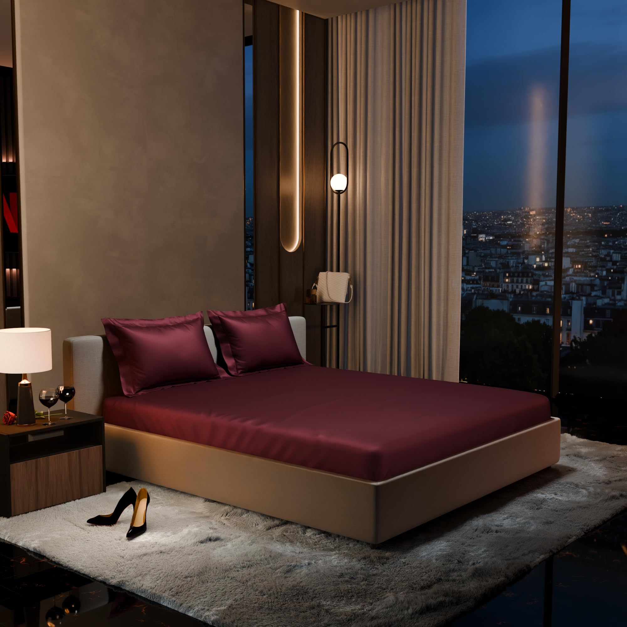 Stoa Paris 300TC UltraSatin Super King Bedsheet Set, 10” Drop Fitted Bedsheet with 2 Pillow Covers, Hypoallergenic, Wrinkle Free, Aesthetic Bedding, Home Decor, Gift, Date Night - Velvet Wine