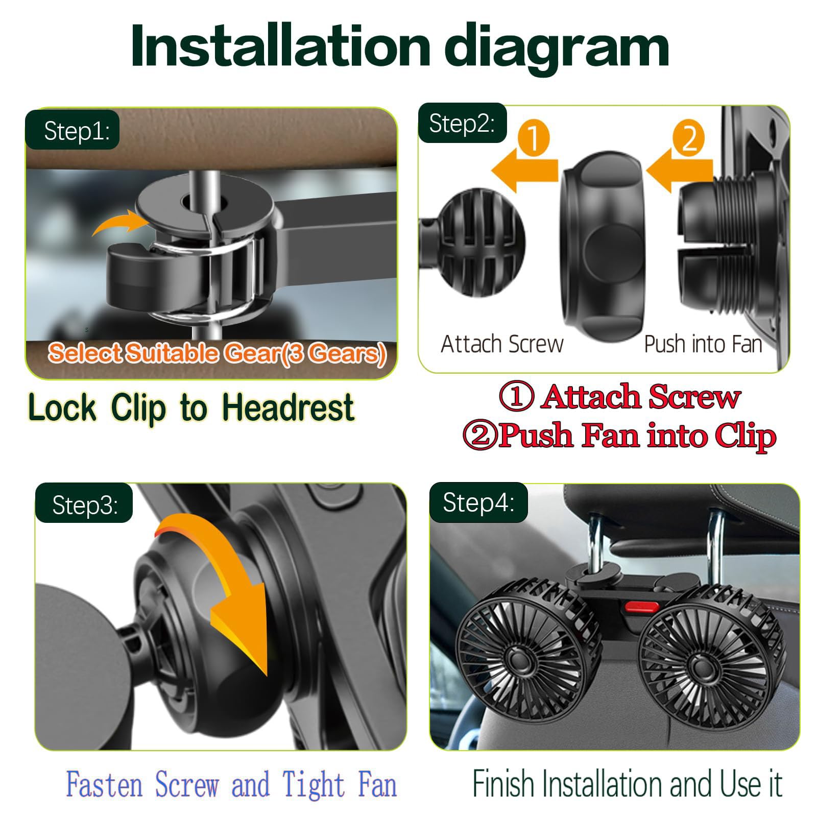 Ventiladores de refrigeración USB para asiento trasero, ventilador de coche de doble cabeza para niños, ventiladores giratorios de 360 grados, 3 velocidades, ultra silencioso, potente