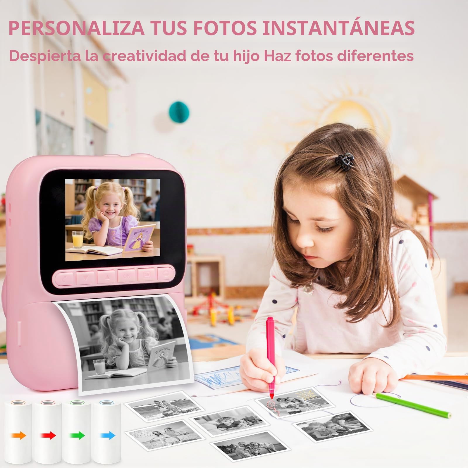 Camara Fotos Infantil Instantanea,2,4 Pulgadas 48 MP Camara Instantánea,HD 1080P Cámara Fotos Infantil con Tarjeta de 32GB y 6 Papel de Impresión,Regalo para Niñas y Niños de 3 a 12 Años