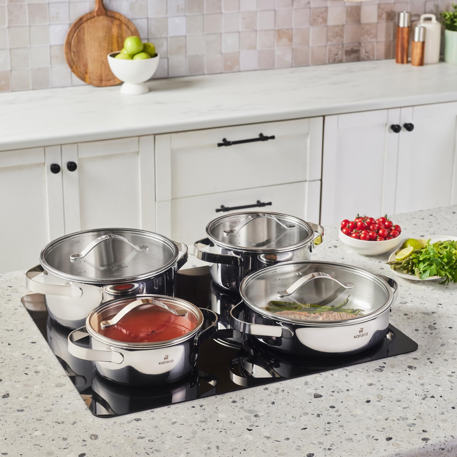 Karaca Culinara - Set di 8 pentole a induzione in acciaio INOX, 3 strati, colore: argento