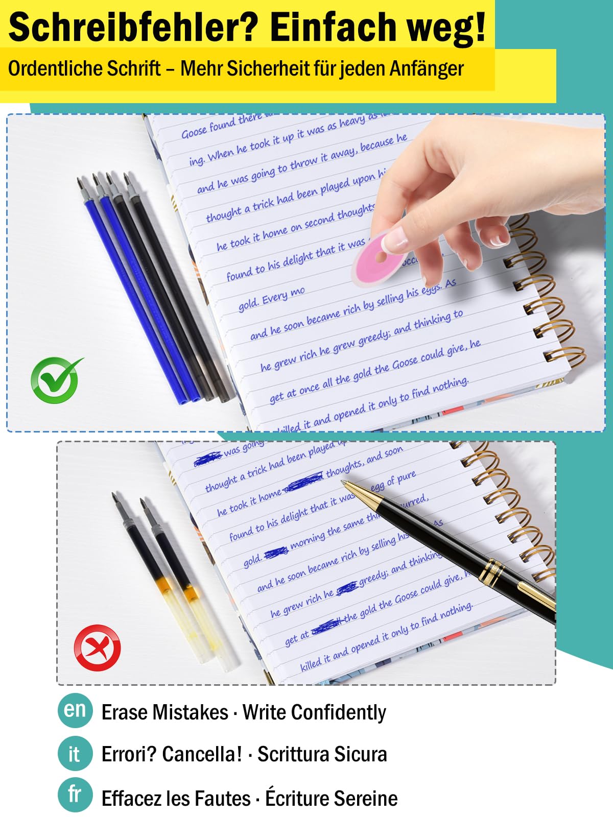 Refill Per Penna Gel Cancellabile Willingood - 14 Pezzi, Blu, Punta 0.7 Mm, Compatibili Con Legami