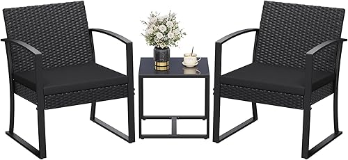 Vista 8 de Greesum Juego de muebles de exterior de 3 piezas para patio, bistró, mecedoras con mesa de centro de cristal para piscina, playa, patio, balcón