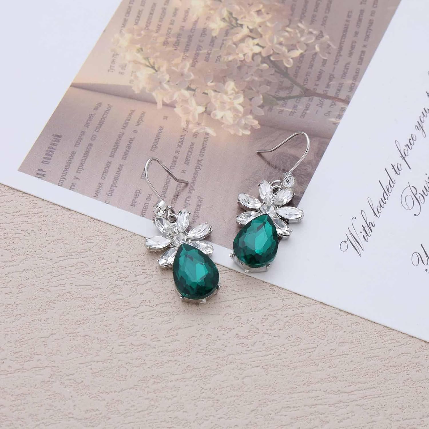 Vintage Cz Flower Emerald Earrings Silver Teardrop Emerald Dangle Earrings Green Crystal Drop Earrings Wedding Green Rhinestone Earrings Jewelry for Women - Image 7