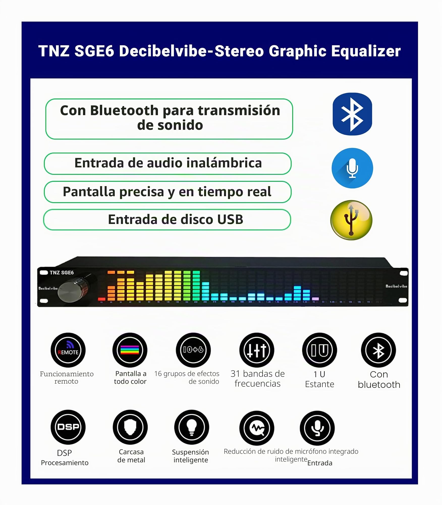 Decibelvibe TNZ SGE6 - Ecualizador gráfico de Audio con Entrada/Salida RCA/Jack 3.5, Entrada inalámbrica Mediante micrófono Integrado, Entrada USB y Bluetooth, preamplificador de Audio para Sistemas