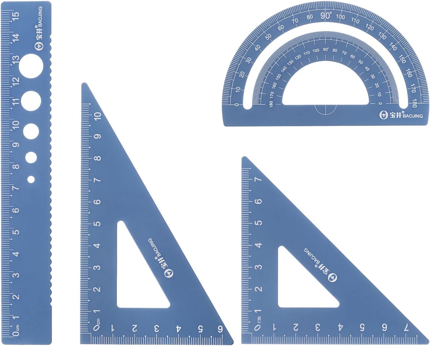 sourcing map 4pcs Geometry Tool Set Math Ruler 15cm Metric Measure Metal Aluminum Alloy Measuring Set Hollow Triangle Protractor Laser Engraving with Storage Box for Classroom Teacher Dark Blue