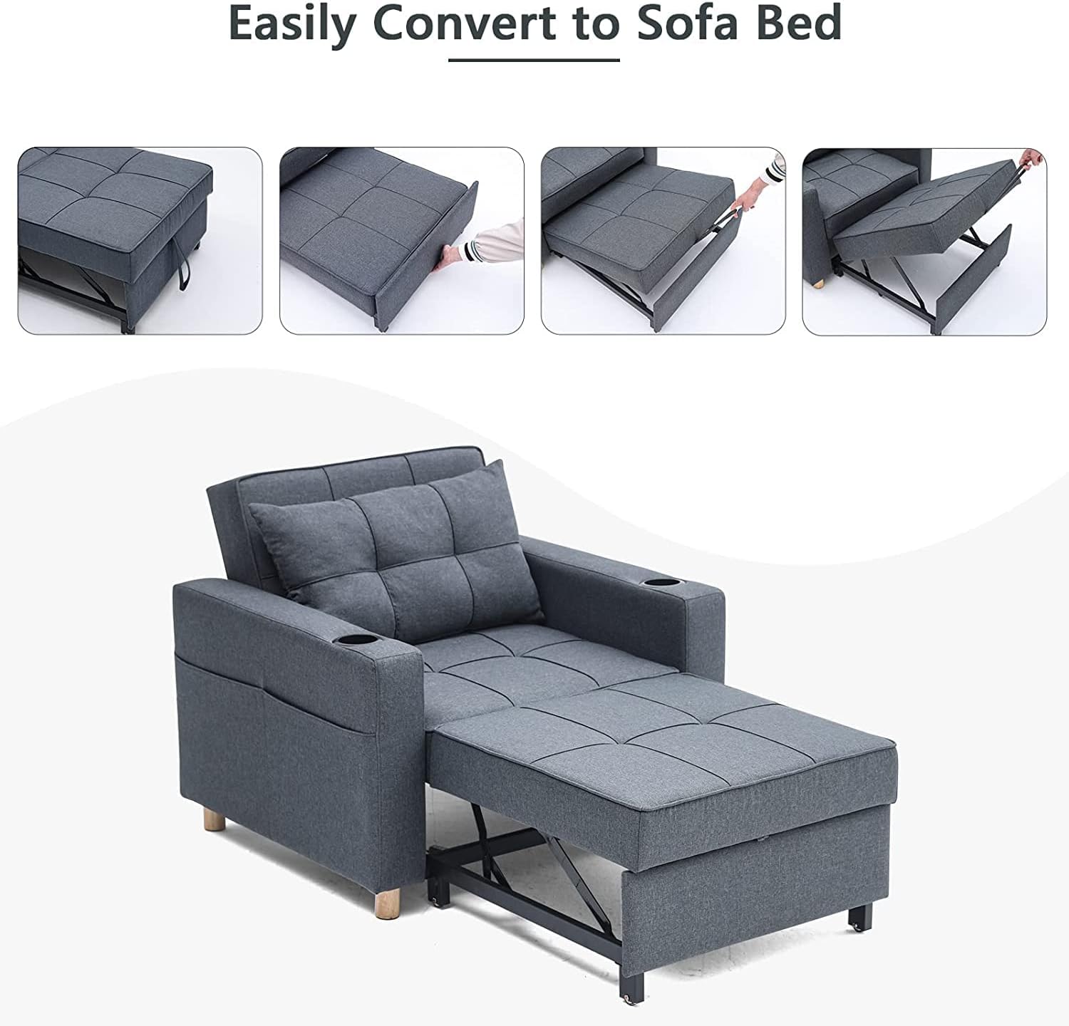Esright Convertible Chair Bed 3-in-1, Sleeper Chair Bed, Multi-Functional Adjustable Recliner, Sofa, Bed, Single Bed Chair with Modern Linen Fabric, Gray Blue : Home & Kitchen
