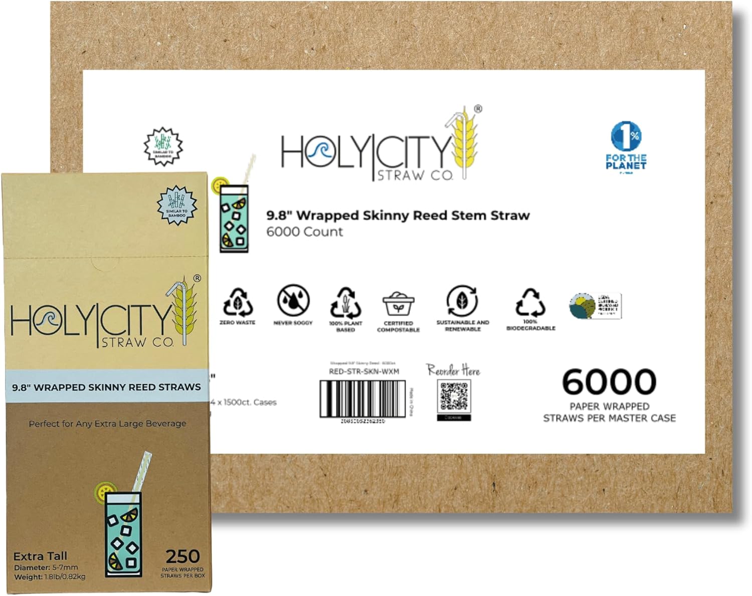 9.8” Wrapped Skinny Reed Drinking Straws | 6000ct. | Sustainable Alternative to Plastic & BioPlastic | Compostable & Plastic-Free | Great for Traditional and To-Go Beverages