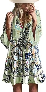 Opemiby Summer Dresses for Women 2026 Flowy Ruffle 3/4 Sleeve V Neck Tiered Casual Babydoll Boho Beach Mini Dress