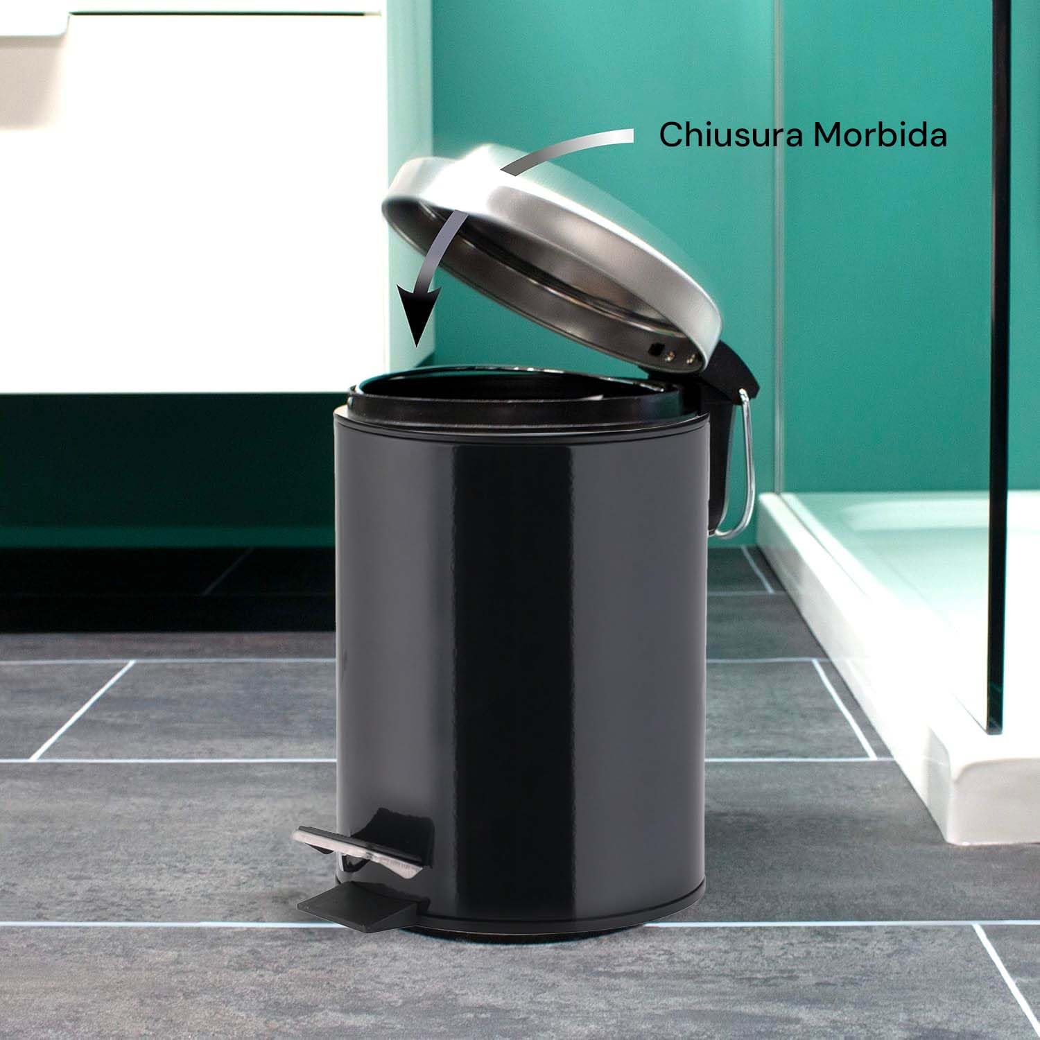 Avilia Cestino per Spazzatura a Pedale - Pattumiera con Inserto Rimovibile, Antiodore, Ideale per Bagno, Cucina o Ufficio, in Acciaio Inox Nero, 3L, Ø 17x25cm