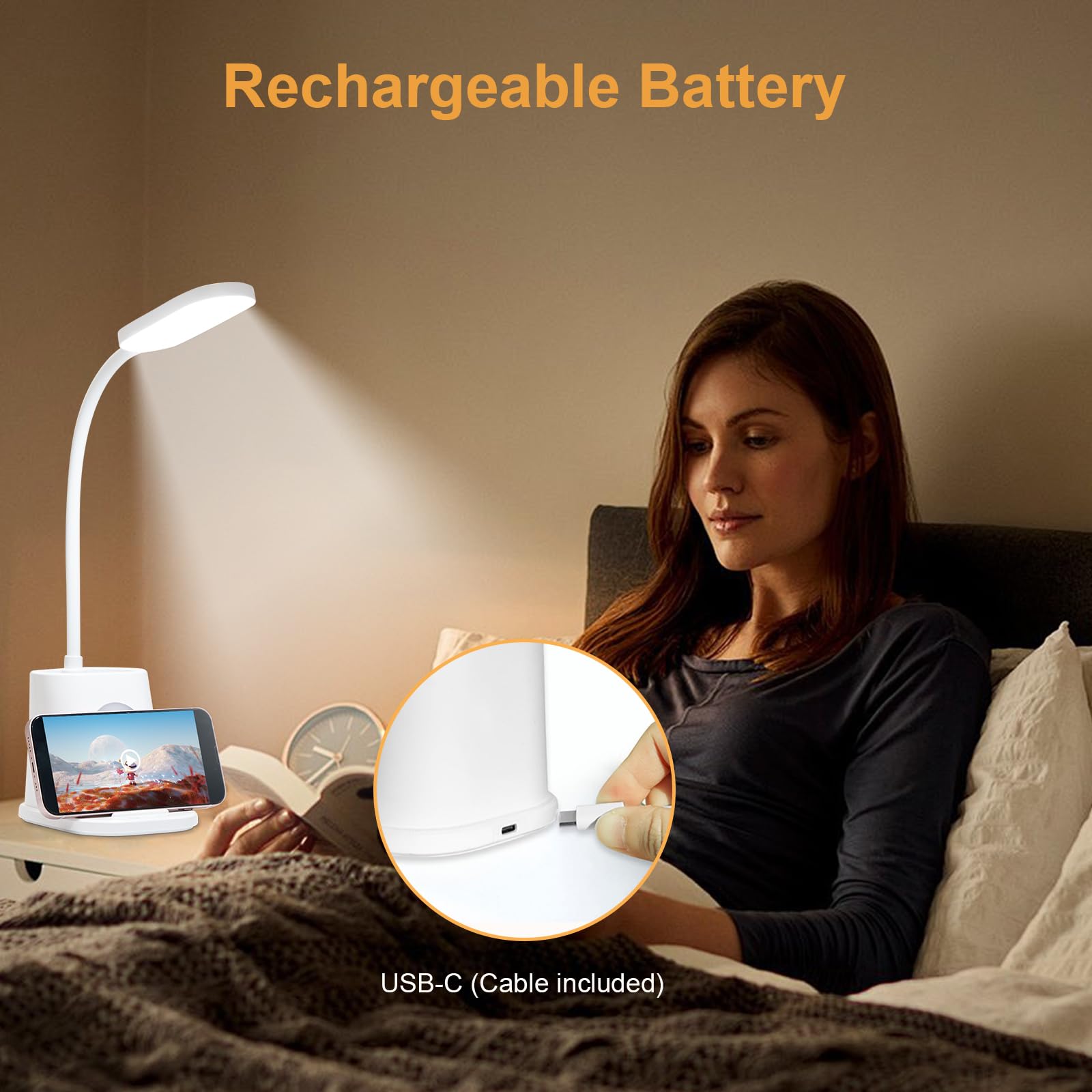 Lampe De Bureau KDD Avec Ports USB, Support Stylo Et Téléphone - Luminosité Réglable, Pivotante 360°, Blanc Chaud/froid - 5