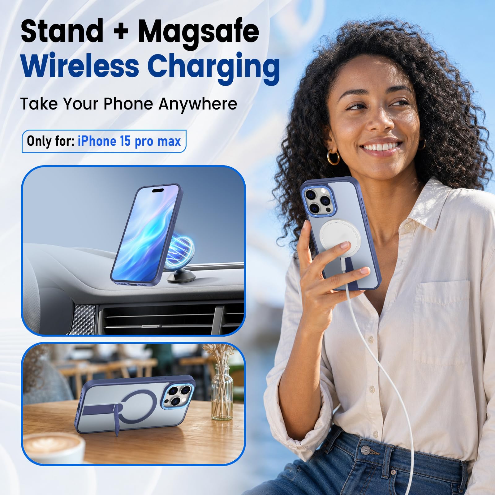 Cover magnetica per iPhone 15 con MagSafe & 2 lenti temperate, custodia antiurto con magnete N52, ultra leggera con supporto in metallo e rivestimento anti-impronta blu