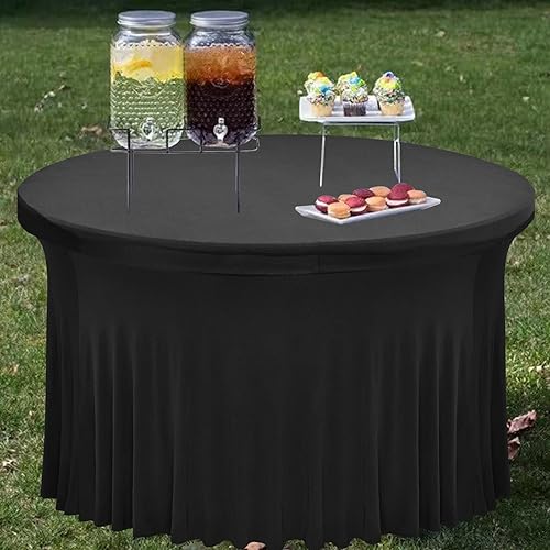 Miniatura 5 de Paquete de 2 manteles redondos de elastano de 5 pies de 60 pulgadas para mesas redondas, mantel resistente a las arrugas con falda, faldas de mesa