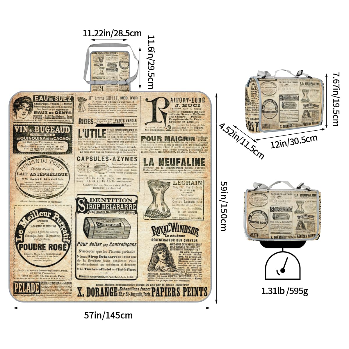 Shimoshe Picnic Blankets 57”x 59”, Vintage Newspaper Waterproof Sandproof Picnic Mat Lightweight Foldable Beach Blanket for Camping Park Grass Beach Outdoor Blanket