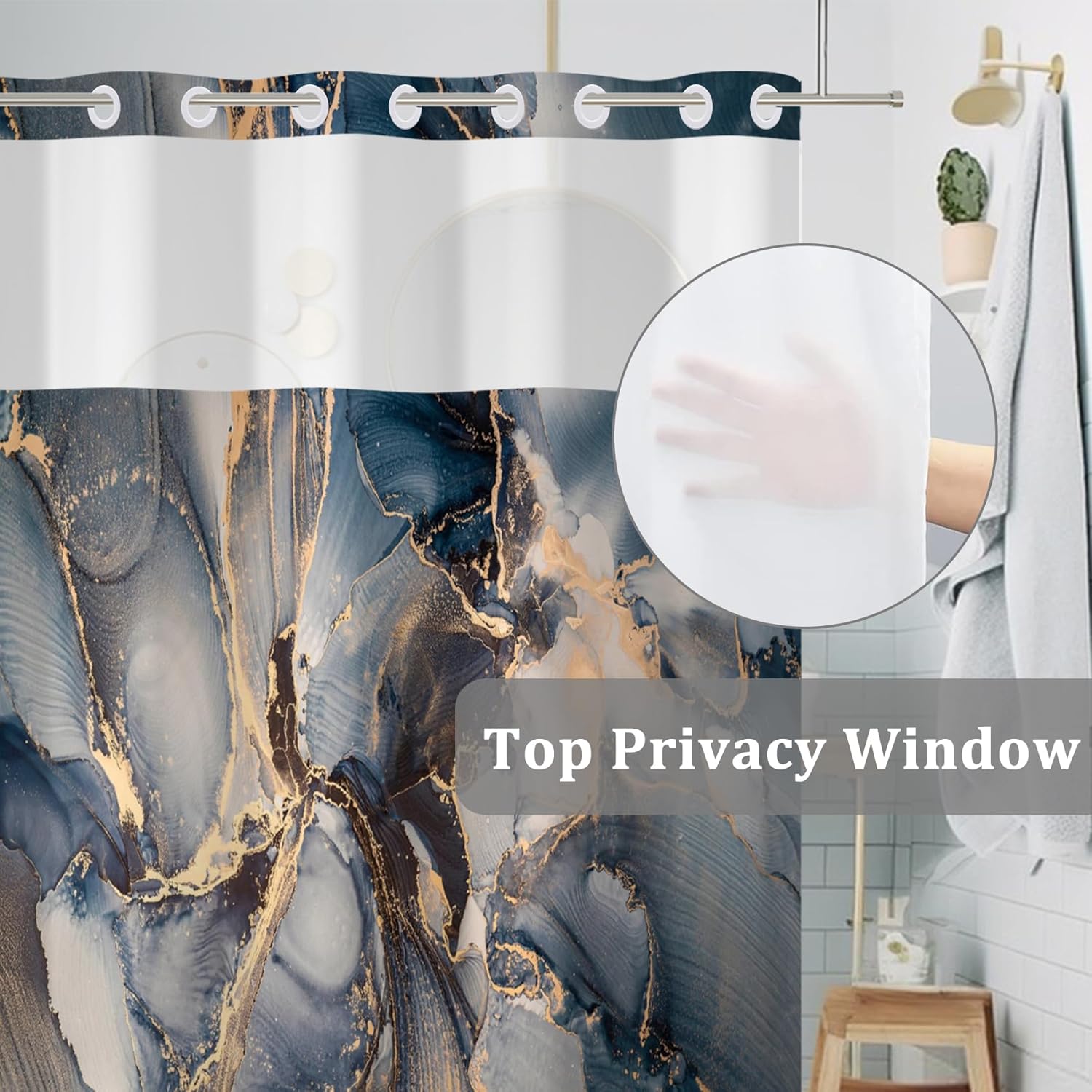 Baocicco No Hook Blue Gold Marble Shower Curtain with Snap in Liner Gold Texture Luxury Modern Shower Curtain with Snap-in Fabric Liner Set Double Layer Waterproof Bath Hotel Curtain Set 71x83 Inch