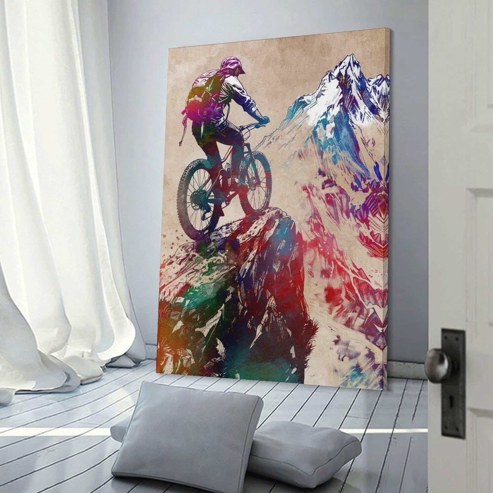 Junmoney Mountain Biking Watercolor Canvas Wall Picture, 16x24inch(40x60cm), for Bedroom Walls, Guest Spaces Or Lounges, Stylish Decor for A Restful Room Update