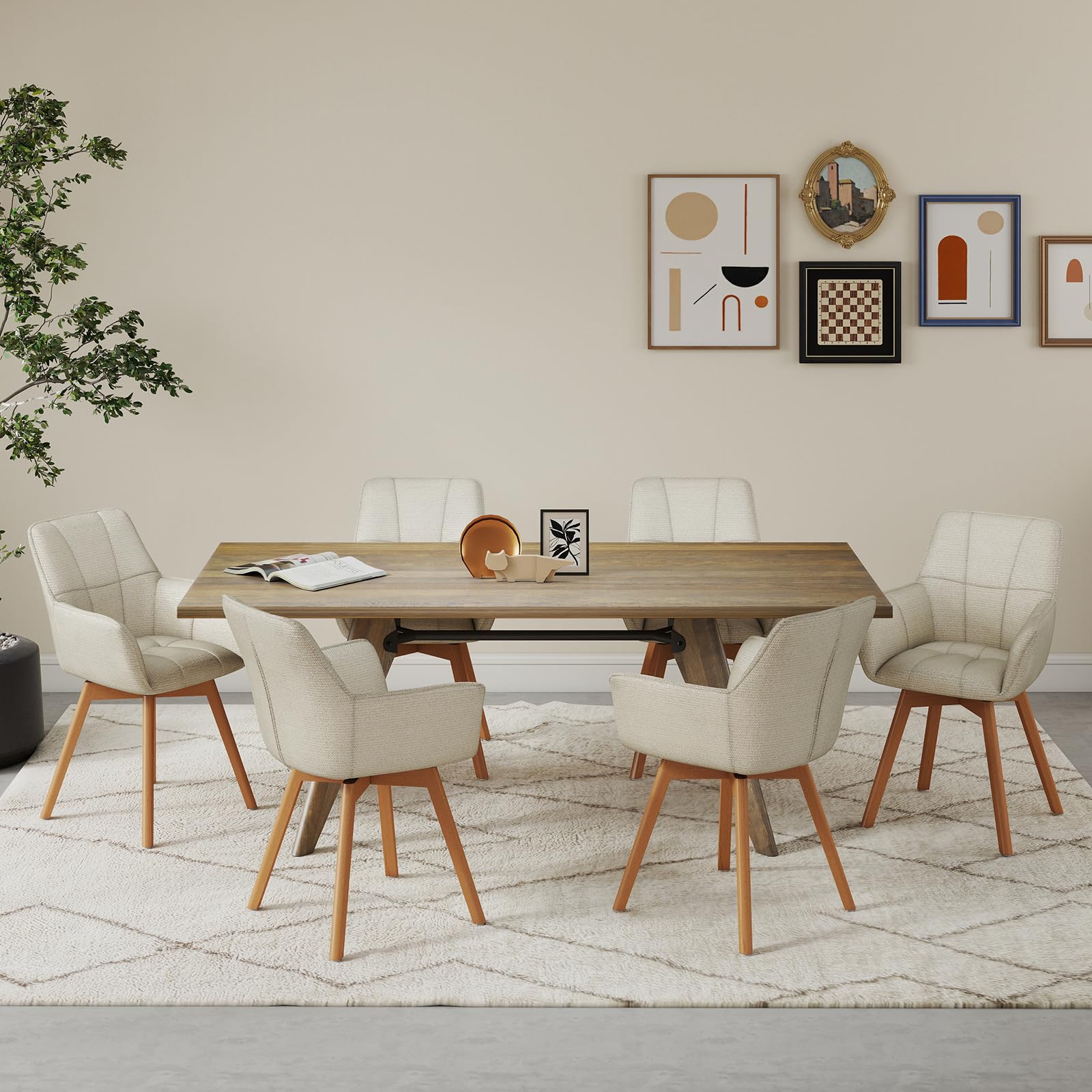 WAFTING 4er Set Drehbare Esszimmerstühle, 360° Drehstuhl mit Armlehnen Holzbeinen, Samtstoff Polsterstuhl für Esszimmer, Wohnzimmer, Küche, Schlafzimmer, Beige