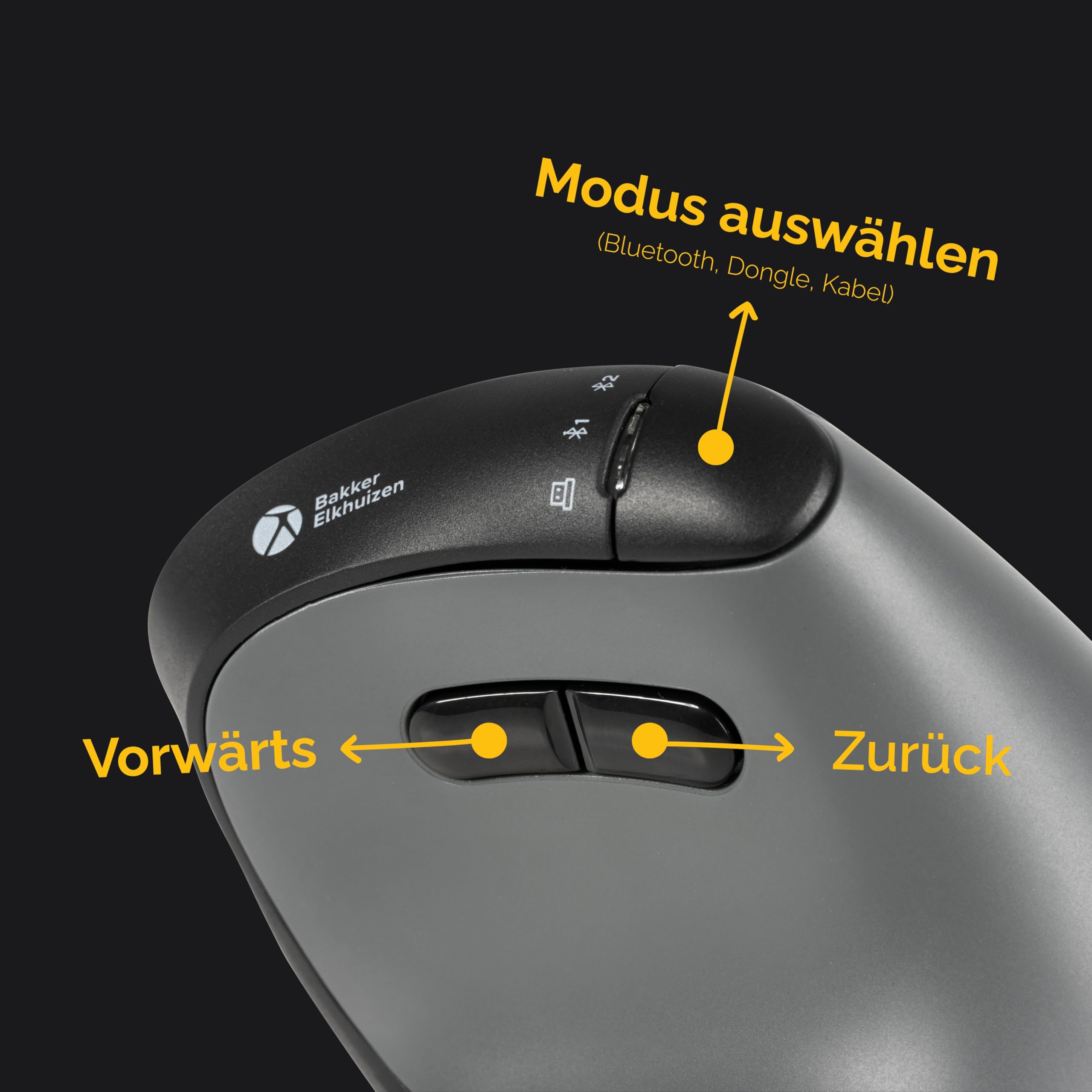 Bakker FastForward・Vertikale Maus・high-Speed Scroll・tilt Wheel・Silent Click・ergonomisch・Für Rechtshänder・optisch・8 Tasten・kabellos・kabelgebunden・2.4 GHz・USB-C・Bluetooth 5.1・kabelloser Empfän