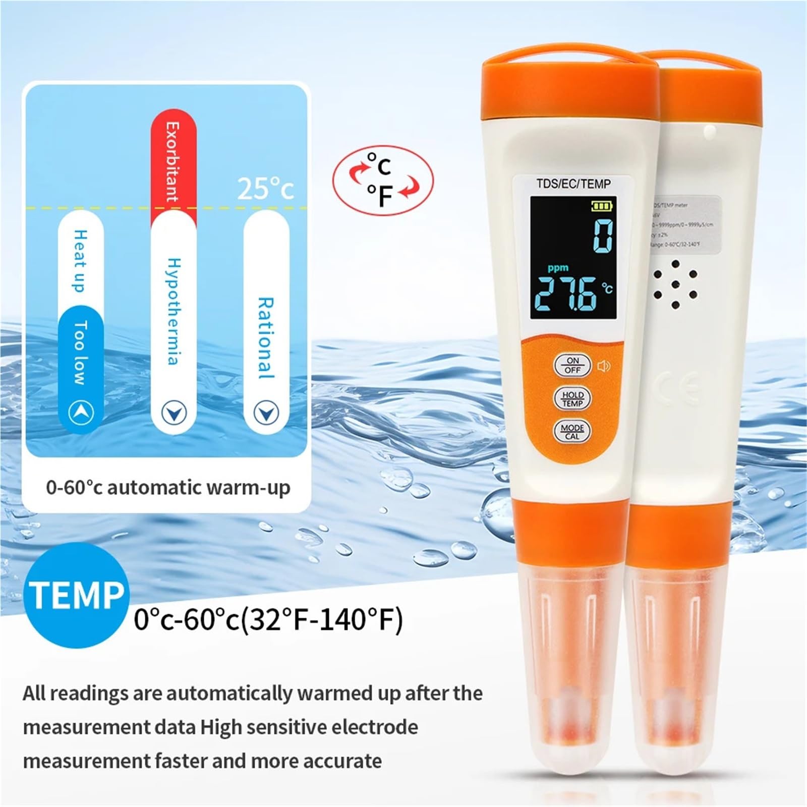 Tester di qualità Acqua Multifunzionale 3 in 1 vocale, rilevatore Digitale TDS EC, misuratore Temperatura for Piscine e acquari con retroilluminazione Alta precisione