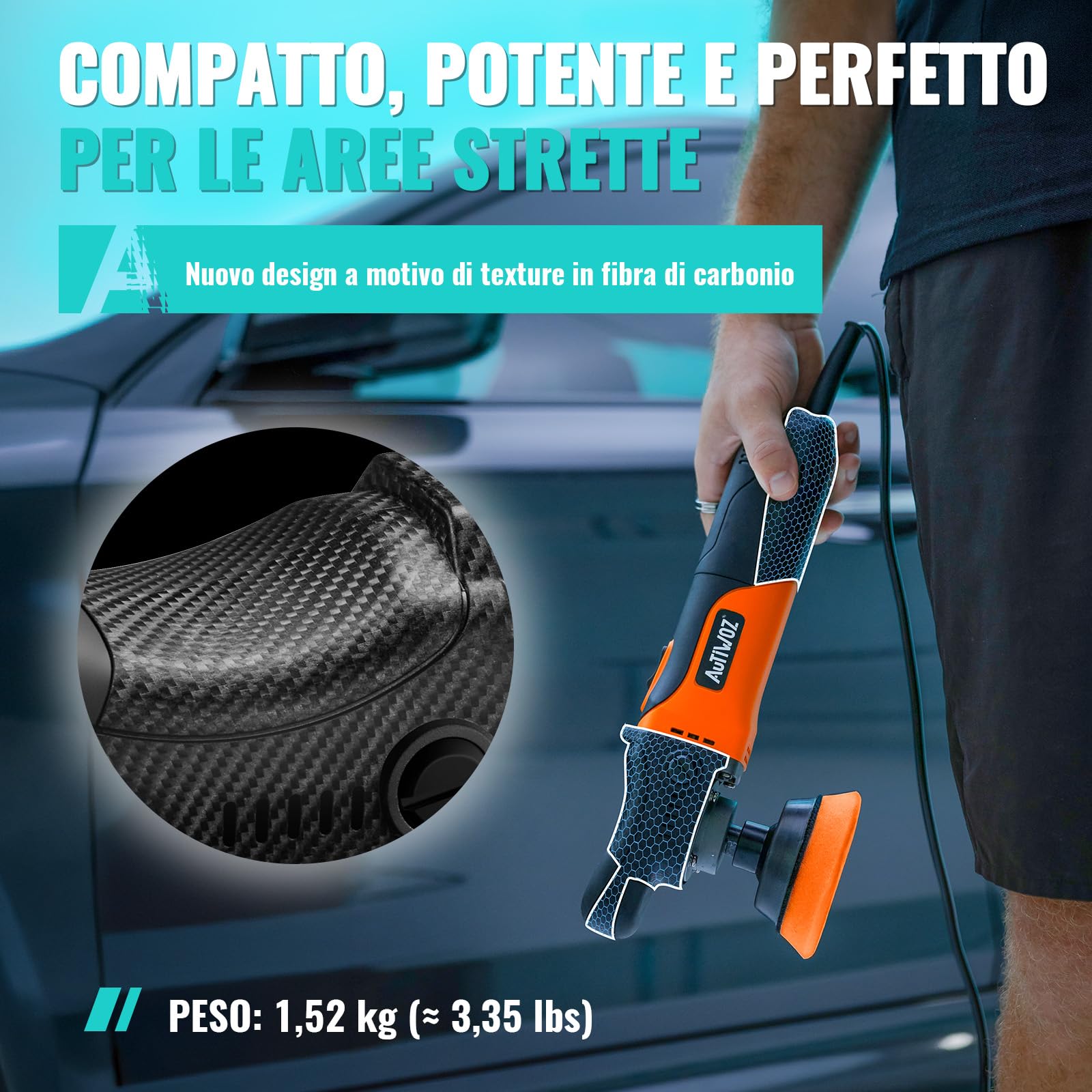 AUTIWOZ Mini lucidatrice per auto, 600 W, con 6 velocità variabili 2800-6800 giri/min, manico laterale rimovibile, albero di prolunga filettato 25 mm, 50 mm, 75 mm