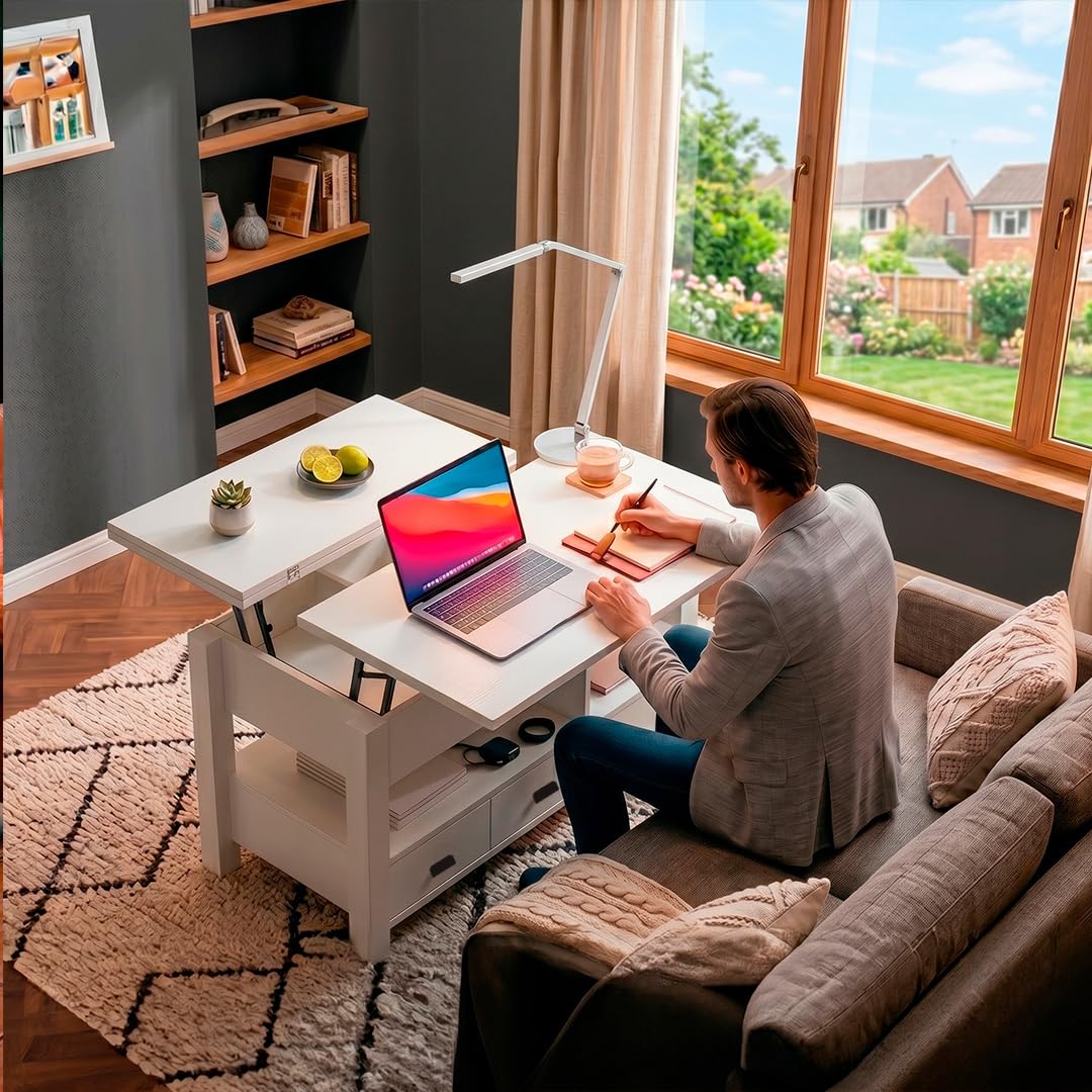 Marctani Mesa de Centro elevable 3 en 1 - Mesa de Centro Blanca con Almacenamiento Oculto y 2 Cajones, Mueble de Salón Extensible en Madera MDF para Escritorio y Comedor