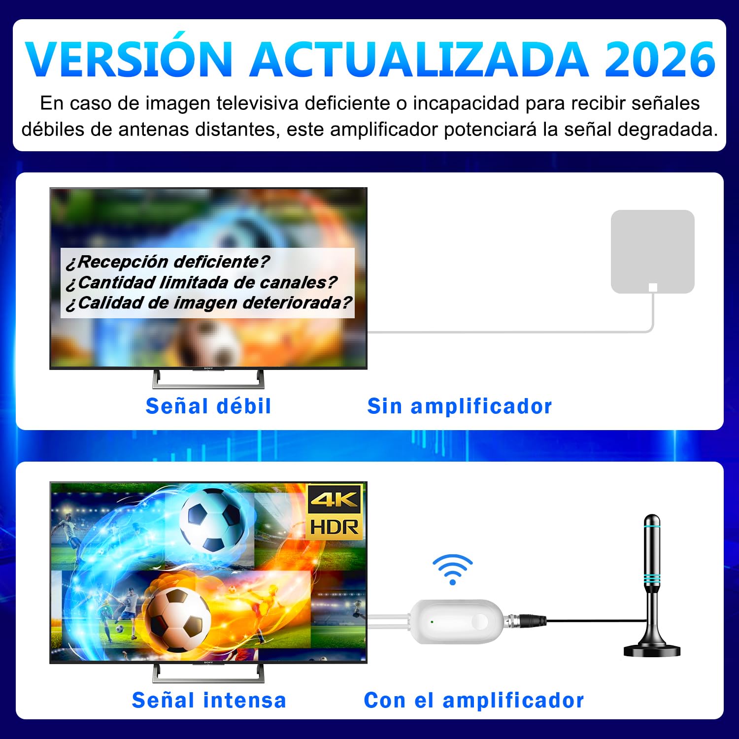 Amplificador de Señal para Antena TV Interior – USB Booster para TDT DVB-T/DVB-T2, Mejora Recepción para Canales HD 4K, Compatible con Smart TV, Cable USB 1 m + Coaxial 0,3 m (White)