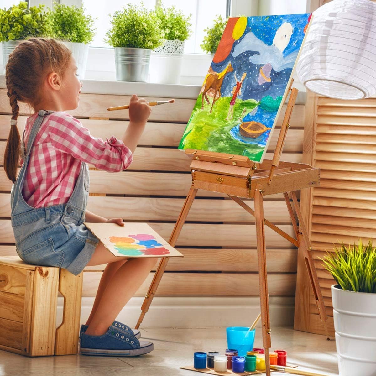 FANTASK Chevalet avec étagère et tiroir 71 x 114 x 180 cm, chevalet d'artiste en bois de hêtre, chevalet réglable pour toiles jusqu'à 86 cm